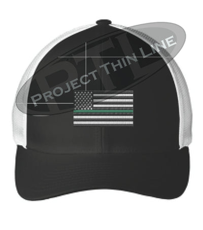 Black / White Embroidered Thin GREEN Line American Flag Flex Fit Fitted TRUCKER Hat