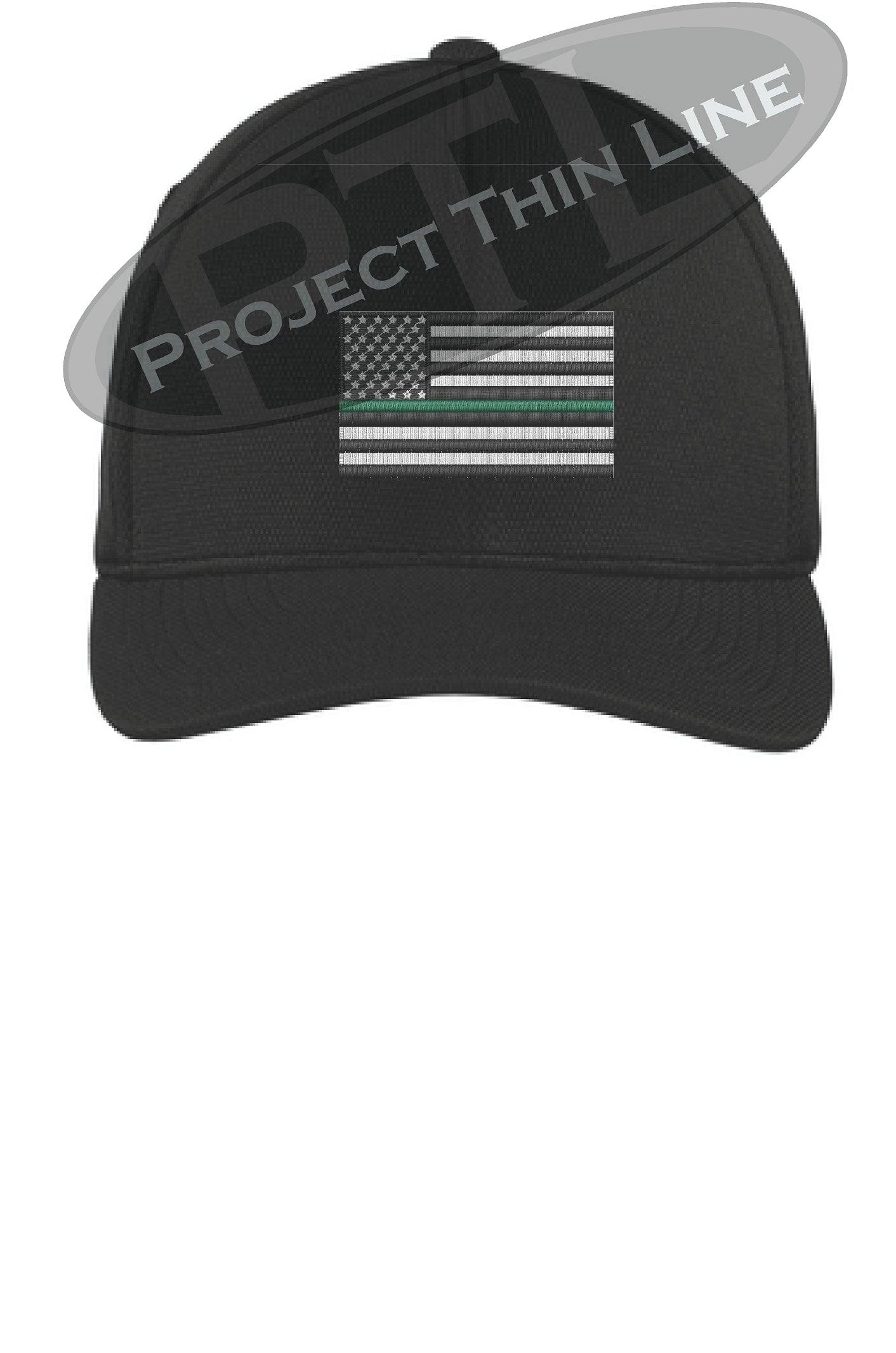 Black Embroidered Thin GREEN Line American Flag Flex Fit Fitted TRUCKER Hat