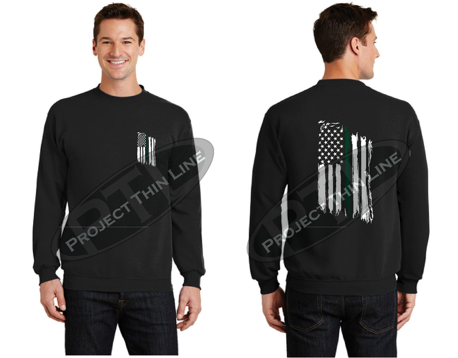 Black Thin GREEN Line Tattered American Flag Crewneck Sweatshirt