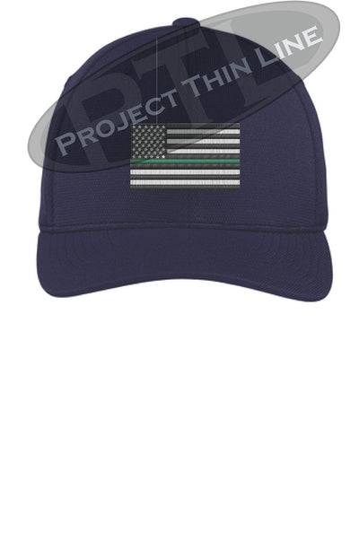 Navy Embroidered Thin GREEN Line American Flag Flex Fit Fitted TRUCKER Hat
