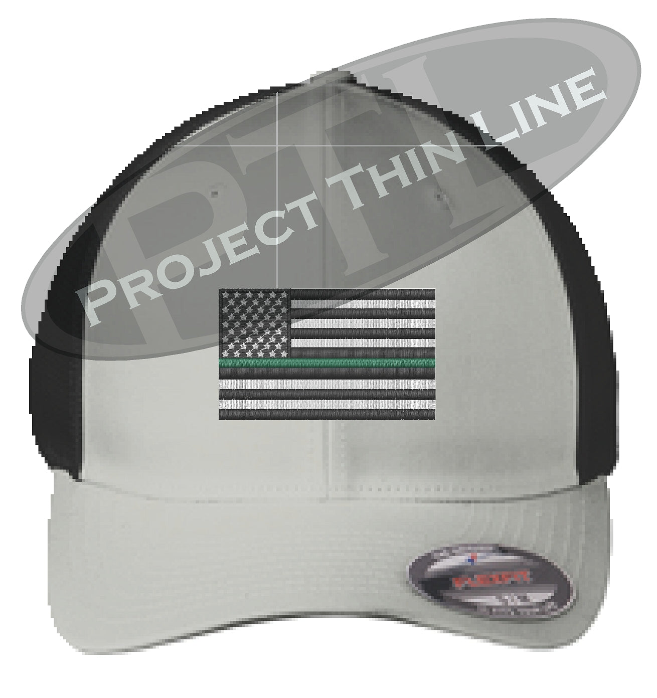 Grey / Black Embroidered Thin GREEN Line American Flag Flex Fit Fitted TRUCKER Hat