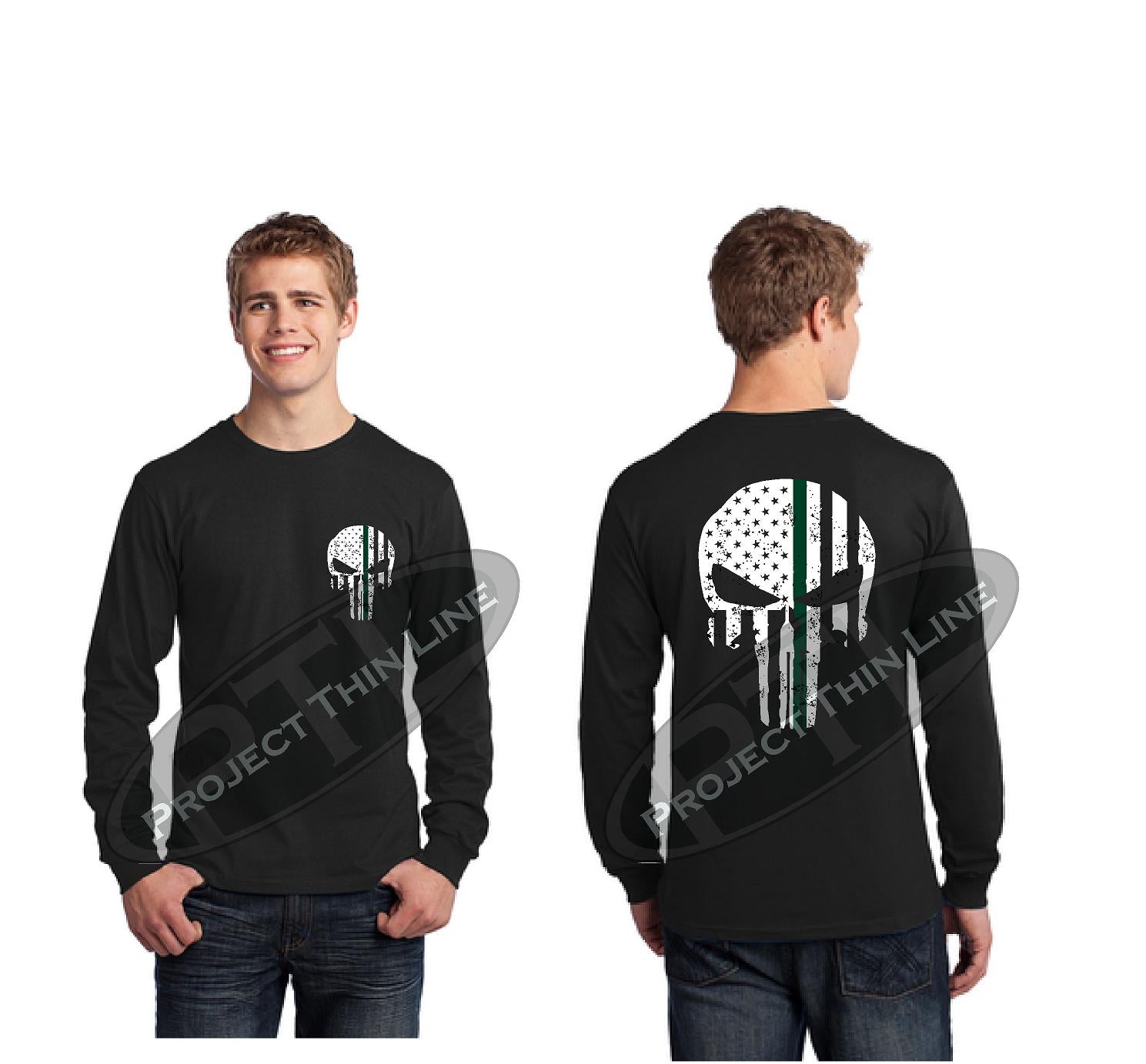 Thin GREEN Line Skull Tattered Flag Long Sleeve T-Shirt