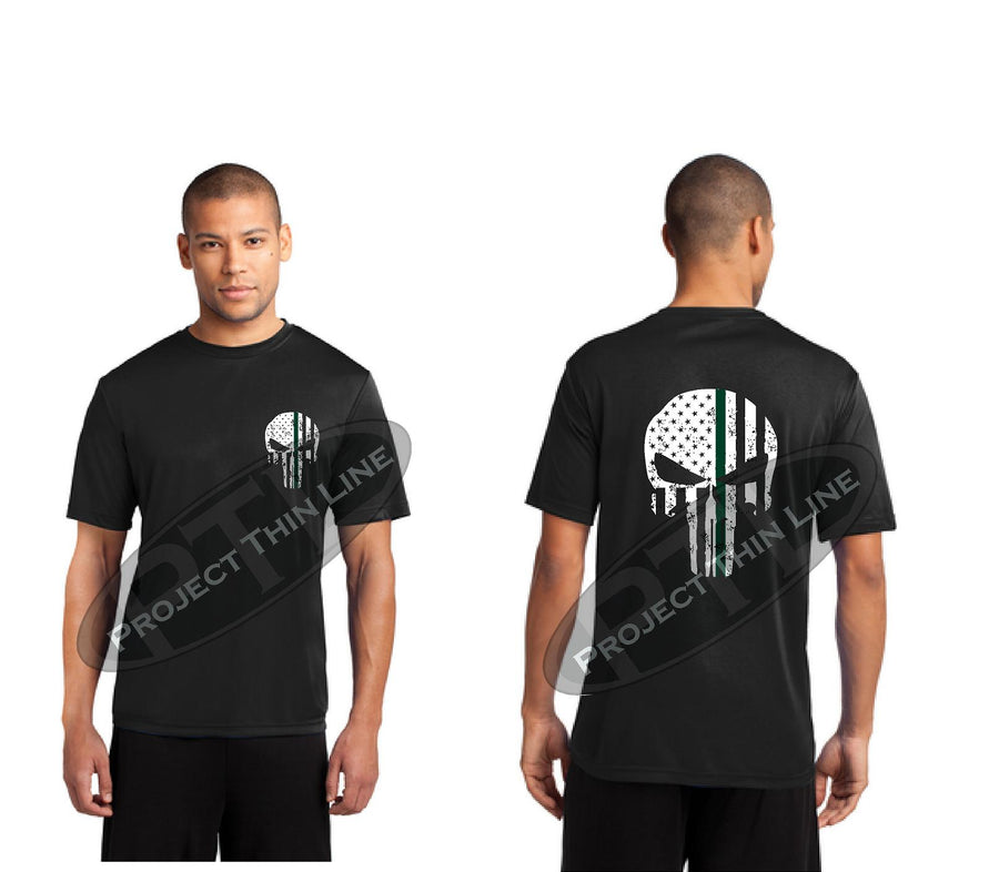 BLACK Thin Green Line SKULL Tattered American Flag Performance Short Sleeve Shirt