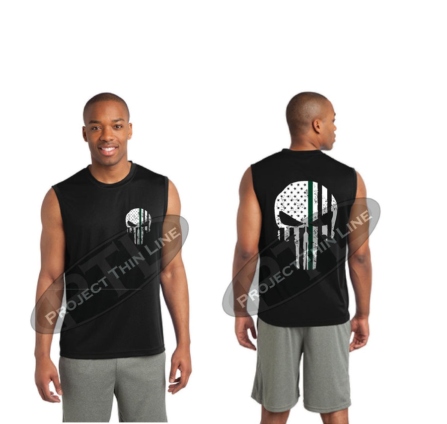 BLACK Thin Green Line SKULL Tattered American Flag Performance Tank Top