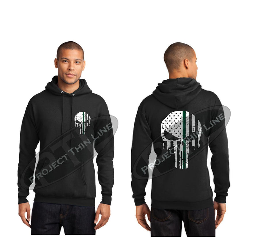 BLACK Hooded Sweatshirt Thin GREEN Line Punisher Skull inlayed with the Tattered American Flag