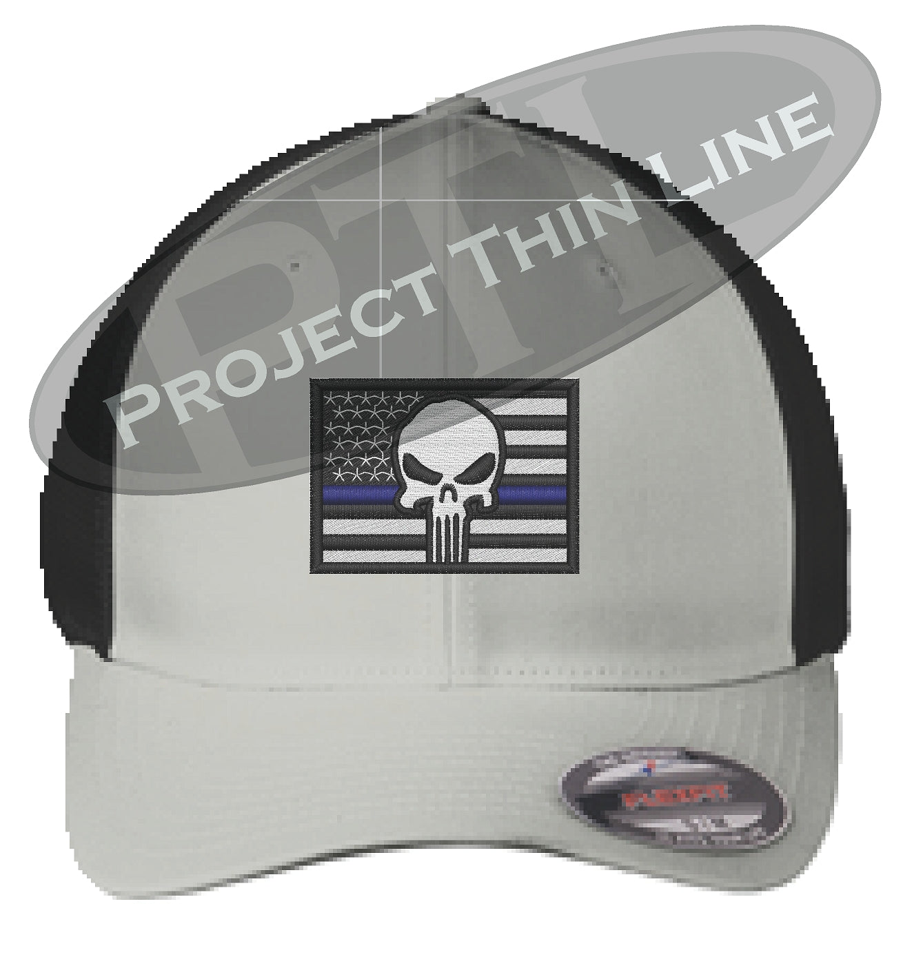 Embroidered Thin Blue American Flag - Skull Flex Fit Fitted TRUCKER Hat