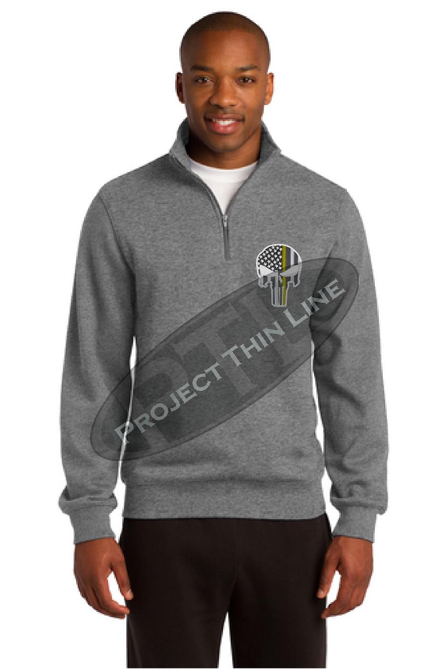 Embroidered Grey Thin GOLD Line Punisher Skull 1/4 Zip Fleece Sweatshirt