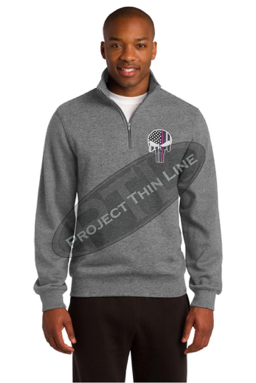 Grey Thin Pink Line Punisher Skull 1/4 Zip Fleece Sweatshirt