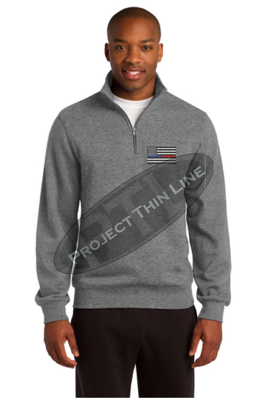 Grey Embroidered Thin Blue / Red Line American Flag 1/4 Zip Fleece Sweatshirt