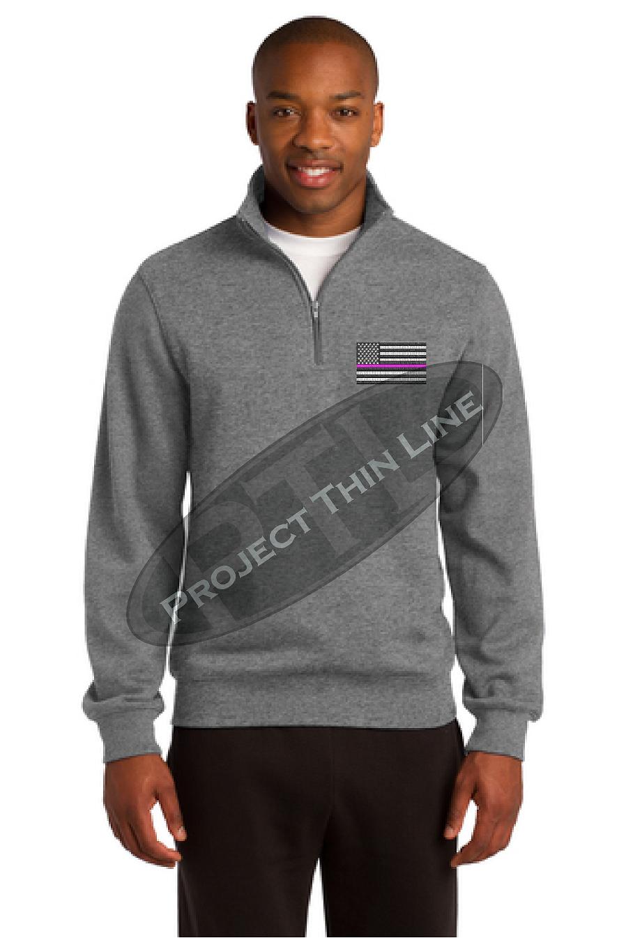Grey Embroidered Thin Pink Line American Flag 1/4 Zip Fleece Sweatshirt