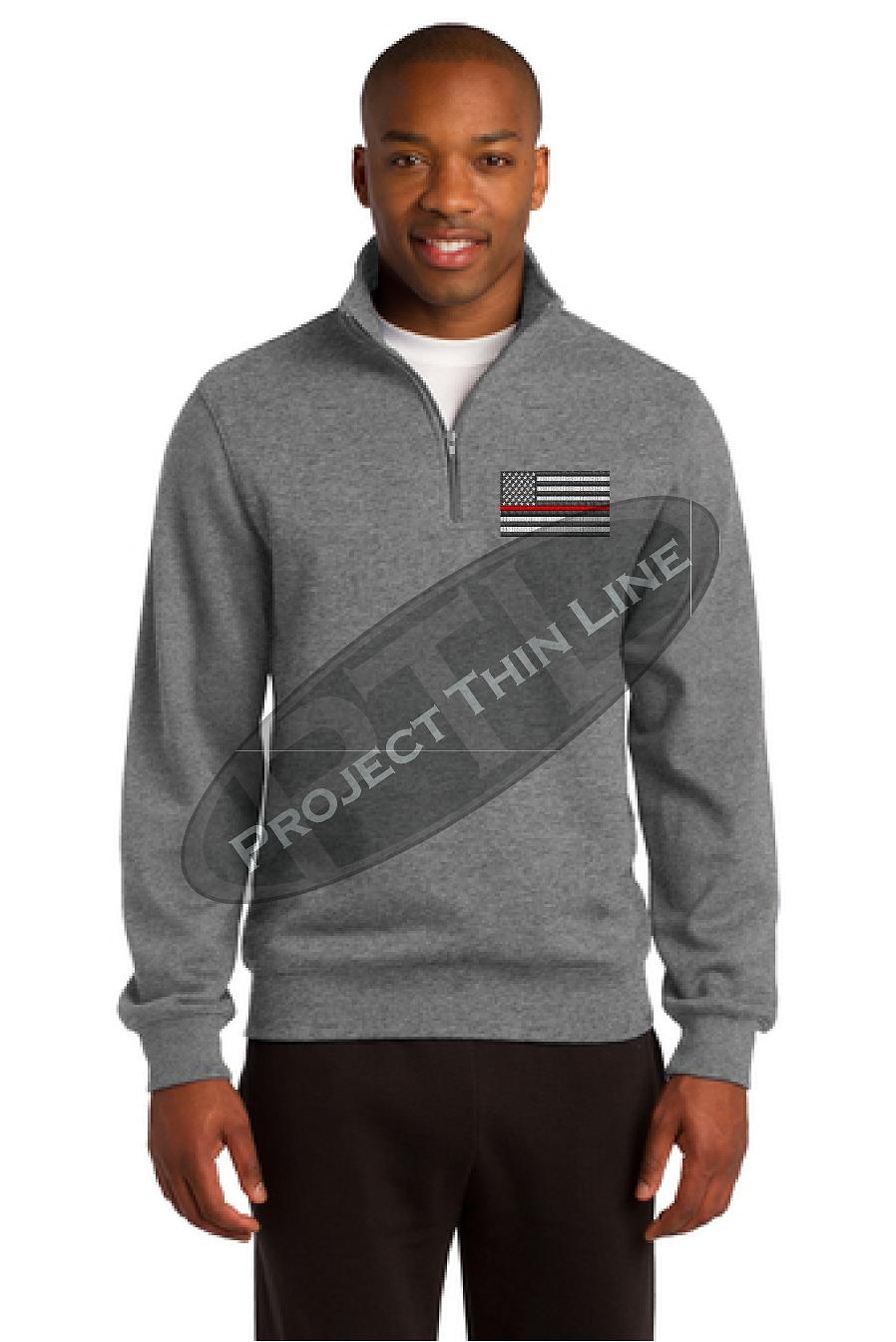 Grey Embroidered Thin Red Line American Flag 1/4 Zip Fleece Sweatshirt