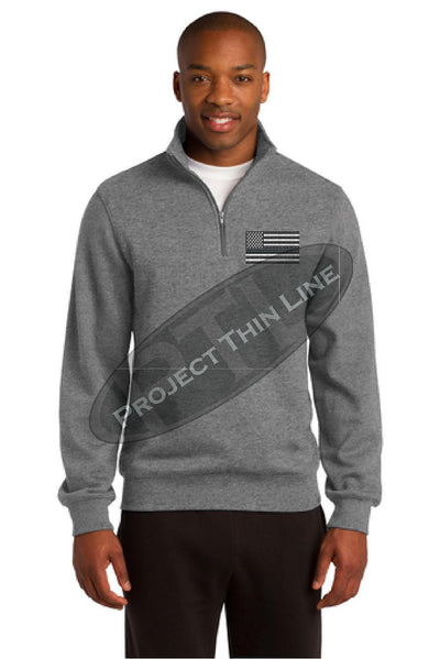 Grey Embroidered Thin ORANGE Line American Flag 1/4 Zip Fleece Sweatshirt