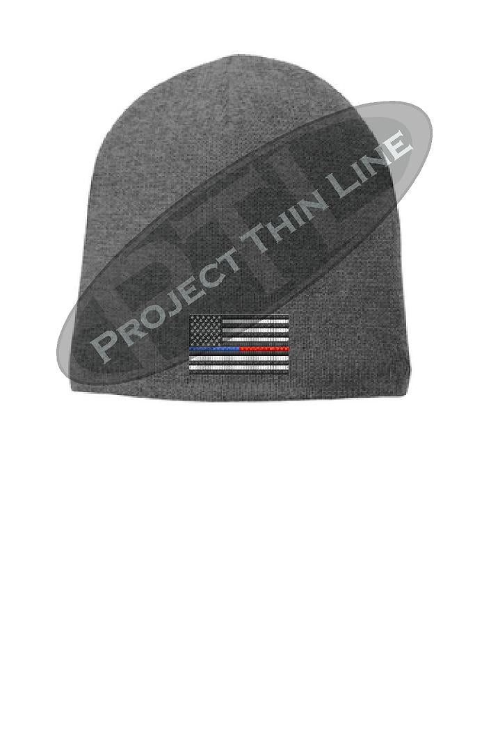 GREY Thin BLUE / RED Line FLAG Skull FLEECE LINED Beanie Hat Cap
