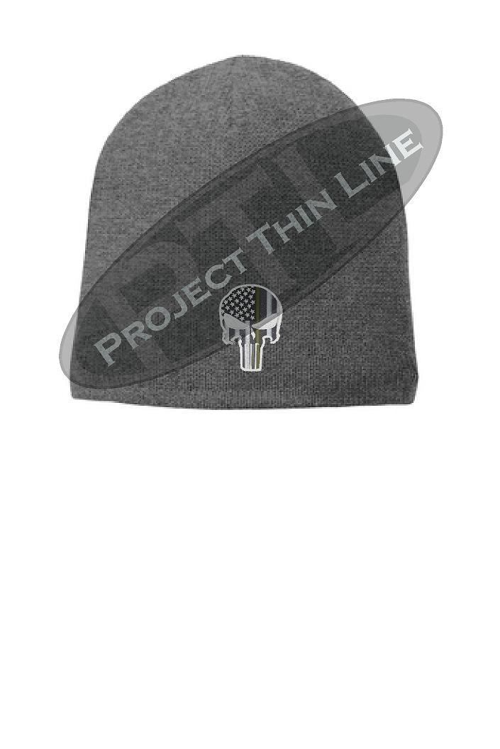 Grey Thin GOLD Line Skull Punisher Slouch Beanie Hat