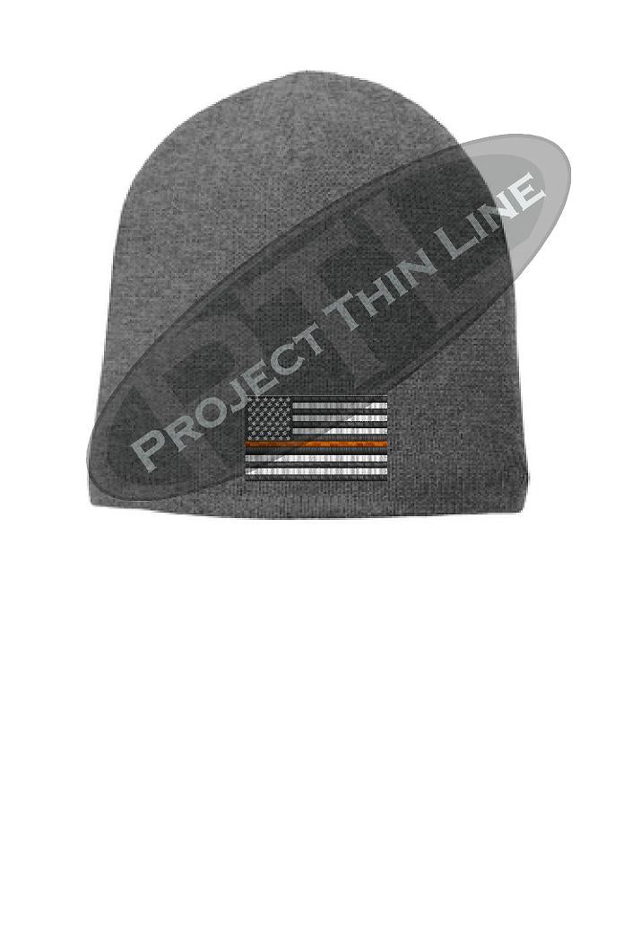 GREY Thin Orange Line FLAG Skull FLEECE LINED Beanie Cap