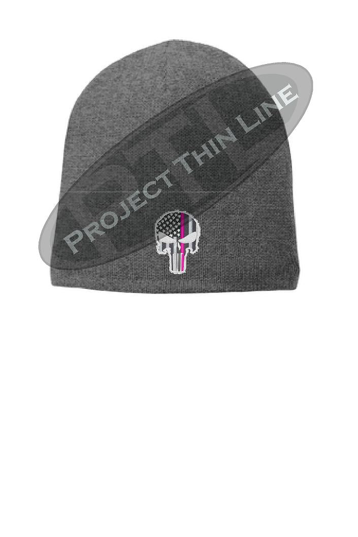 GREY Thin PINK Line PUNISHER Skull FLEECE LINED Beanie Hat Cap