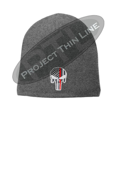 Grey Thin RED Line Skull Punisher Slouch Beanie Hat