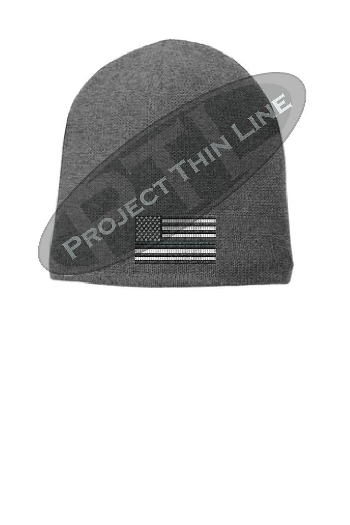 Grey Thin SILVER Line FLAG Skull FLEECE LINED Beanie Cap