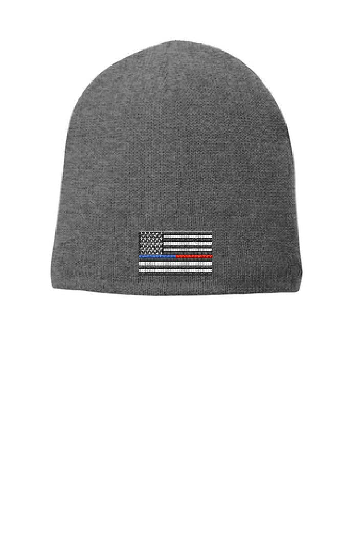 GREY Thin BLUE / RED Line FLAG Skull Beanie Hat Cap