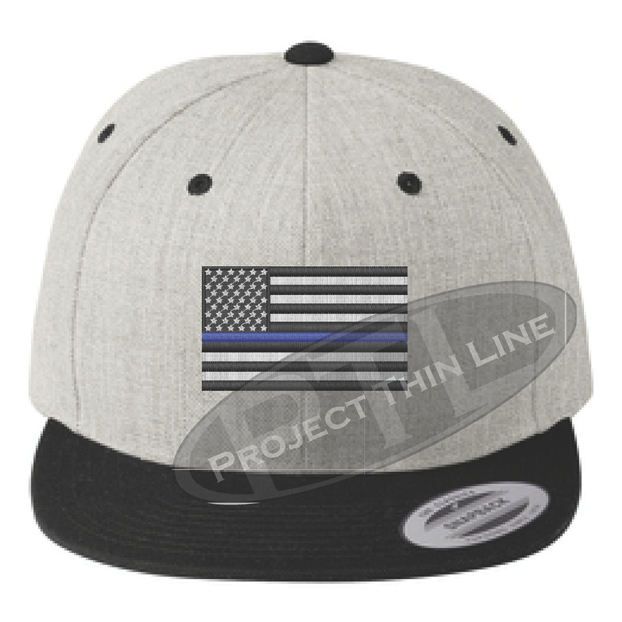 Black Embroidered Thin Blue American Flag Flat Bill Snapback Cap