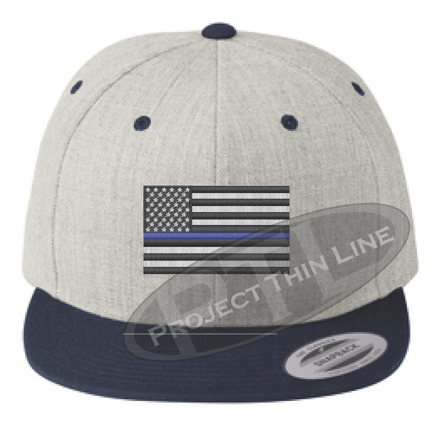 Heather / Navy Embroidered Thin Blue American Flag Flat Bill Snapback Cap