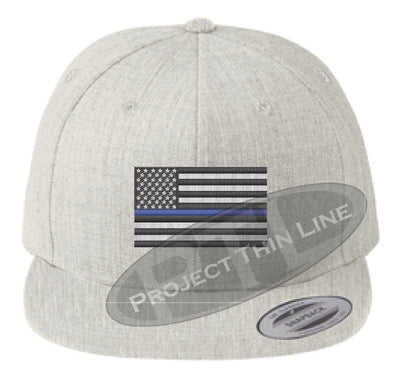 Heather Embroidered Thin Blue American Flag Flat Bill Snapback Cap