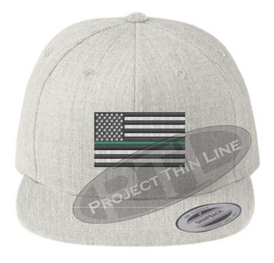 Heather Embroidered Thin GREEN American Flag Flat Bill Snapback Cap