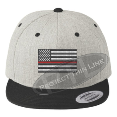 Heather / Black Embroidered Thin RED American Flag Flat Bill Snapback Cap