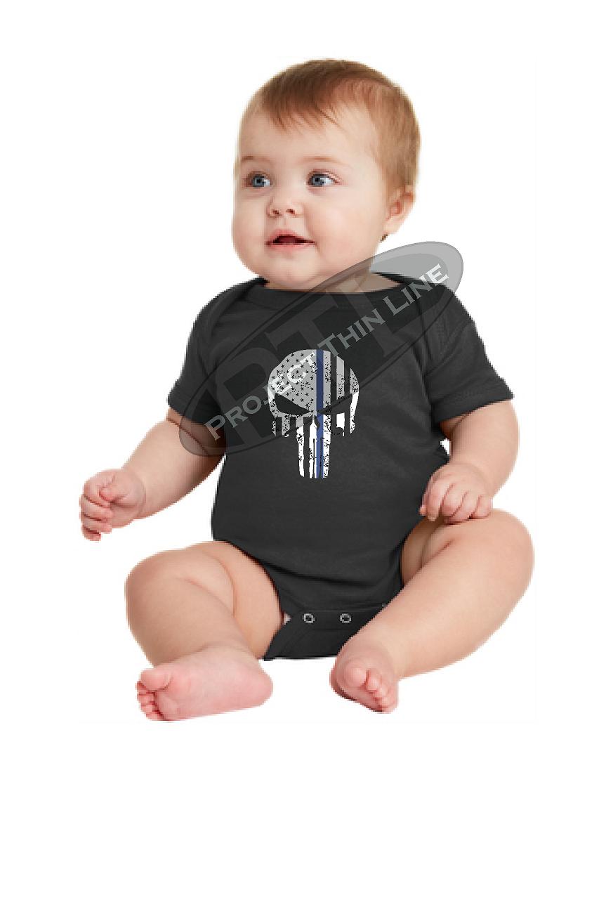 Infant Thin Blue Line US Tattered SKULL Punisher Flag Short Sleeve Baby Bodysuit Onesie - Size 24 Months