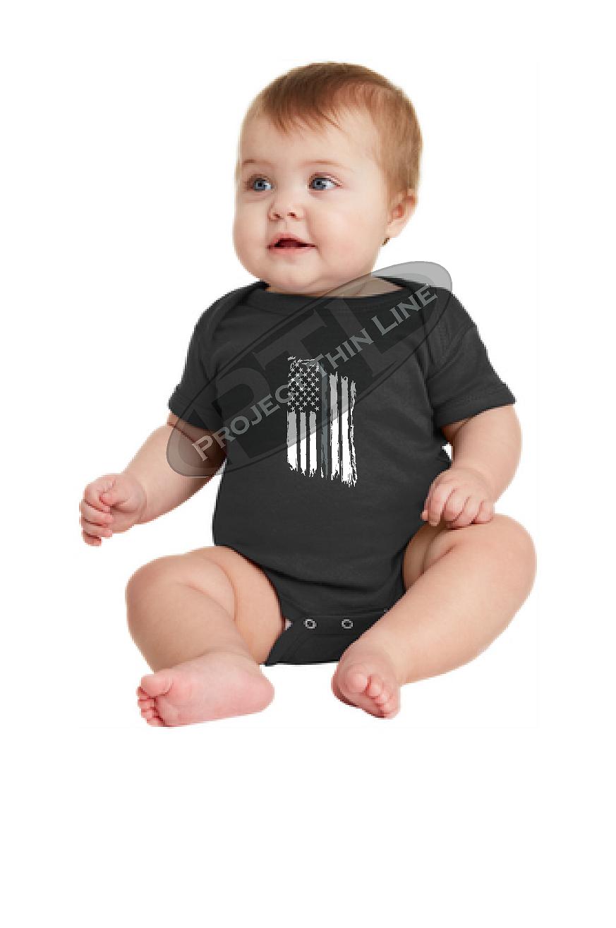 Infant Thin Silver Line US Tattered Flag Short Sleeve Baby Bodysuit - Onesie