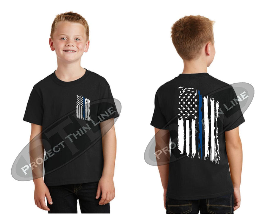 Kids Thin Blue Line US Tattered Flag Short Sleeve T-Shirt