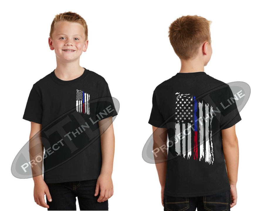 Kids Thin Blue / Red Line US Tattered Flag Short Sleeve T-Shirt