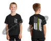 Kids black short sleeve shirt with Thin Gold Line Tattered American Flag