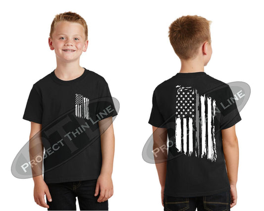 Kids Thin Silver Line US Tattered Flag Short Sleeve T-Shirt