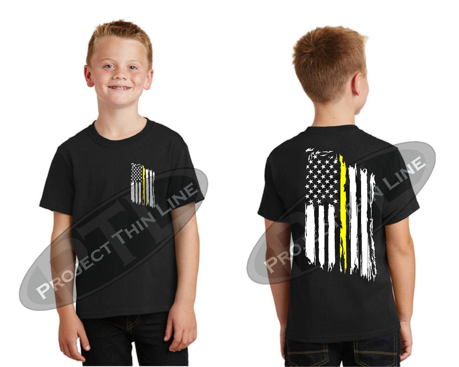 Kids Thin YELLOW Line US Tattered Flag Short Sleeve T-Shirt