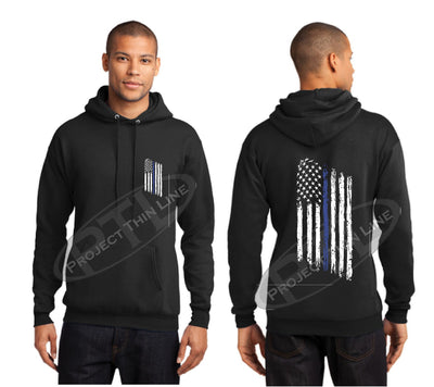 Black Thin BLUE Line Tattered American Flag Hooded Sweatshirt