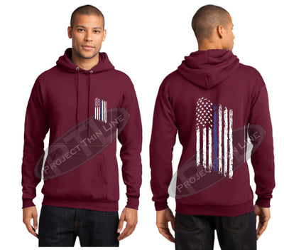 Maroon Thin BLUE Line Tattered American Flag Hooded Sweatshirt