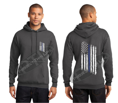 Charcoal Thin BLUE Line Tattered American Flag Hooded Sweatshirt