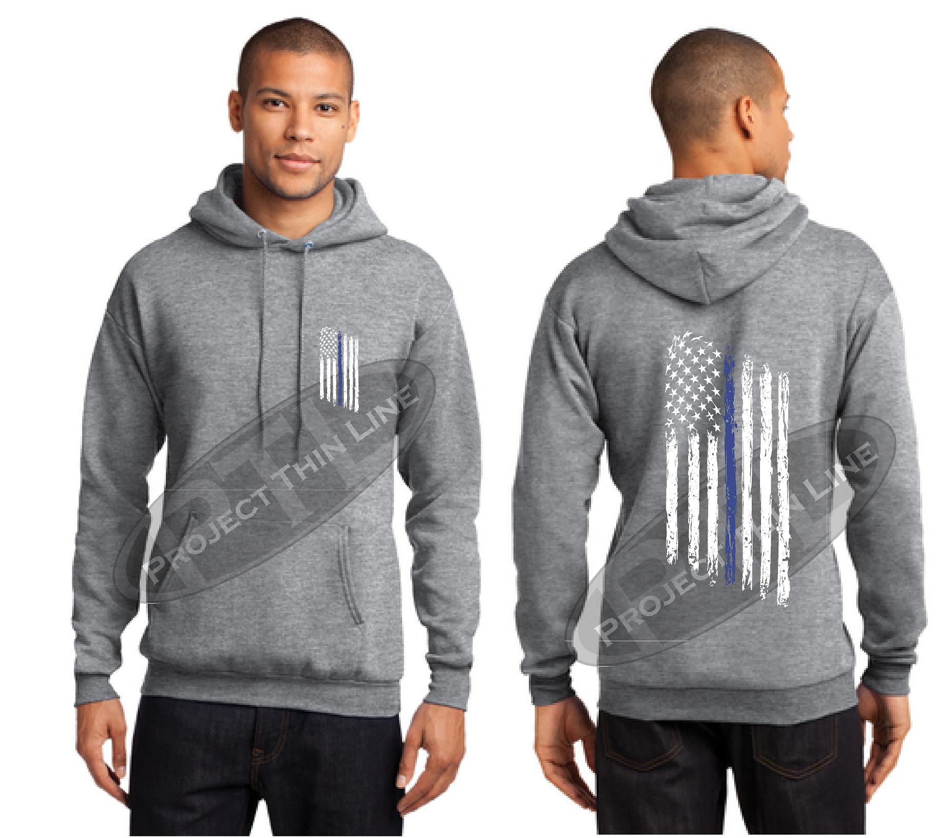 Ash Grey Thin BLUE Line Tattered American Flag Hooded Sweatshirt