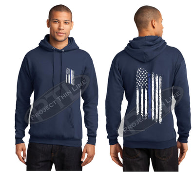 Navy Thin BLUE Line Tattered American Flag Hooded Sweatshirt