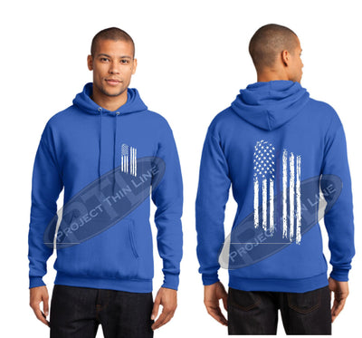 Royal Thin BLUE Line Tattered American Flag Hooded Sweatshirt