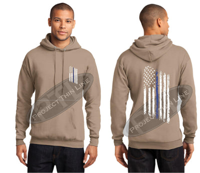 Khaki Thin BLUE Line Tattered American Flag Hooded Sweatshirt
