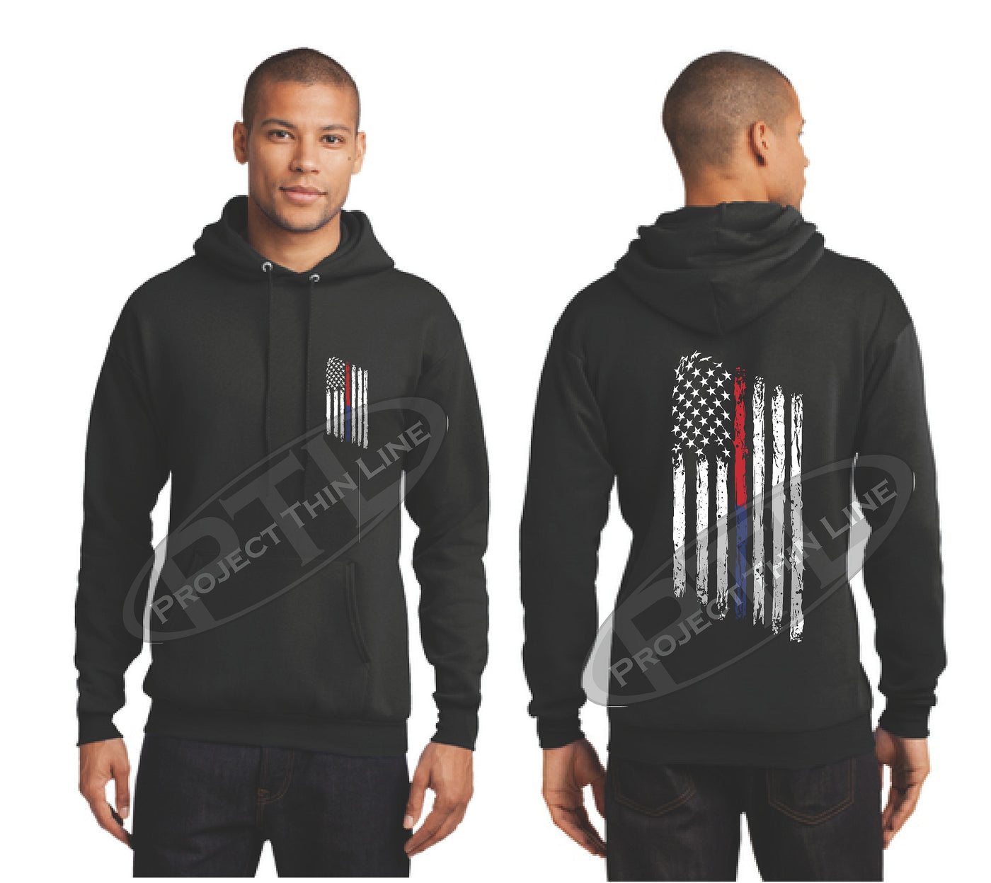 Thin BLUE / Red Line Tattered American Flag Hooded Sweatshirt