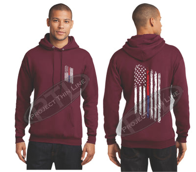 Red Thin BLUE / Red Line Tattered American Flag Hooded Sweatshirt