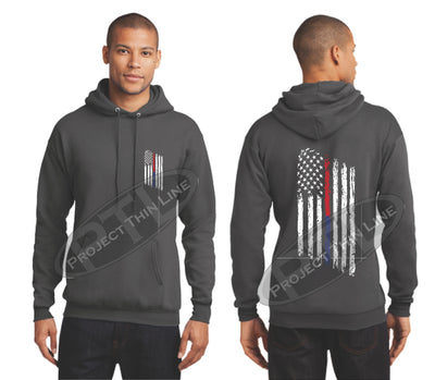 Charcoal Thin BLUE / Red Line Tattered American Flag Hooded Sweatshirt
