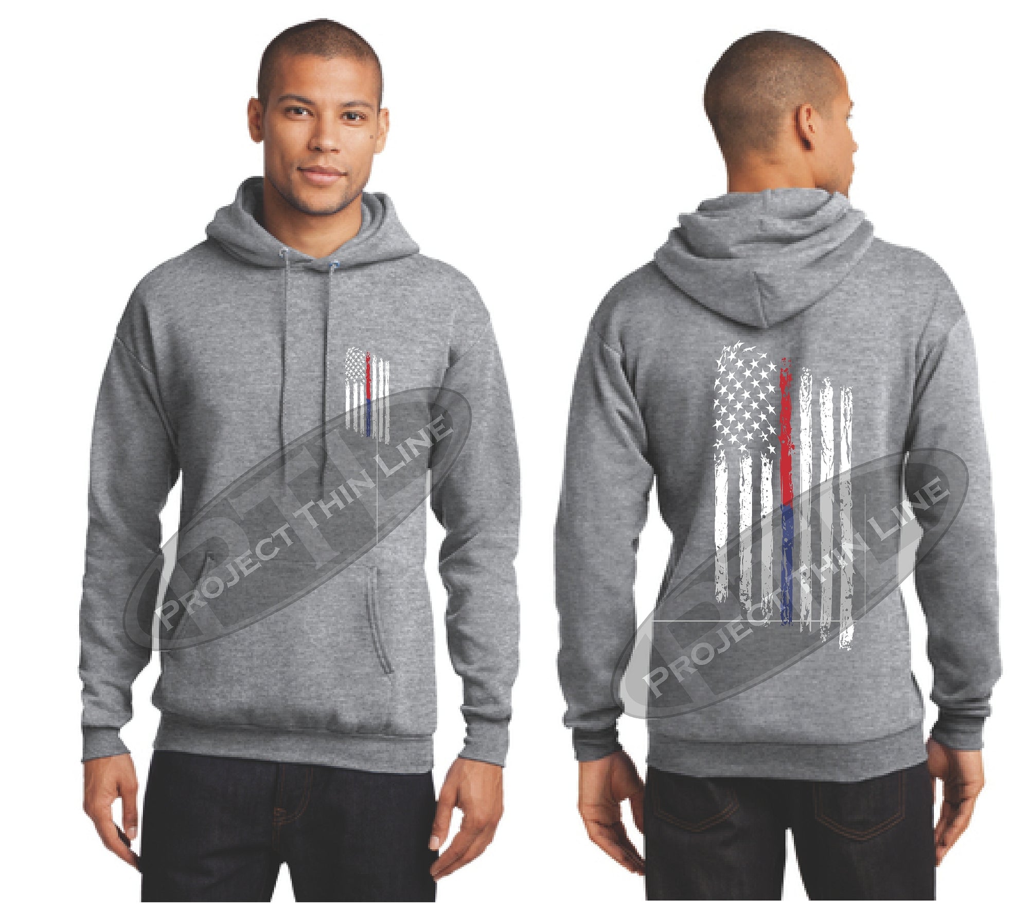 Grey Thin BLUE / Red Line Tattered American Flag Hooded Sweatshirt