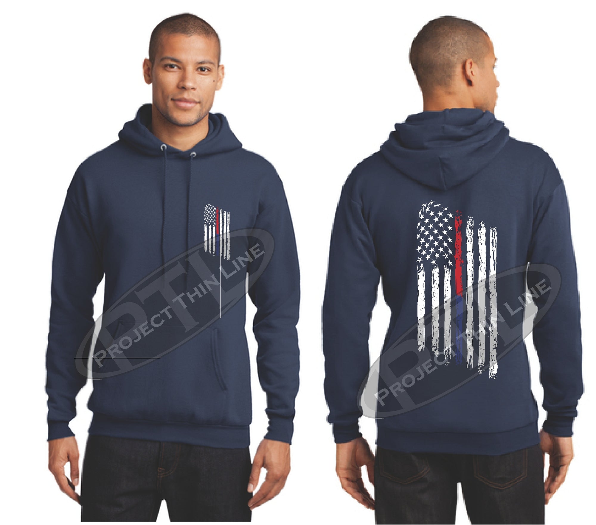 Thin BLUE Red Line Tattered American Flag Hooded Sweatshirt