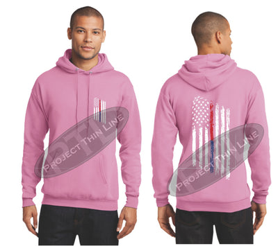 Pink Thin BLUE / Red Line Tattered American Flag Hooded Sweatshirt
