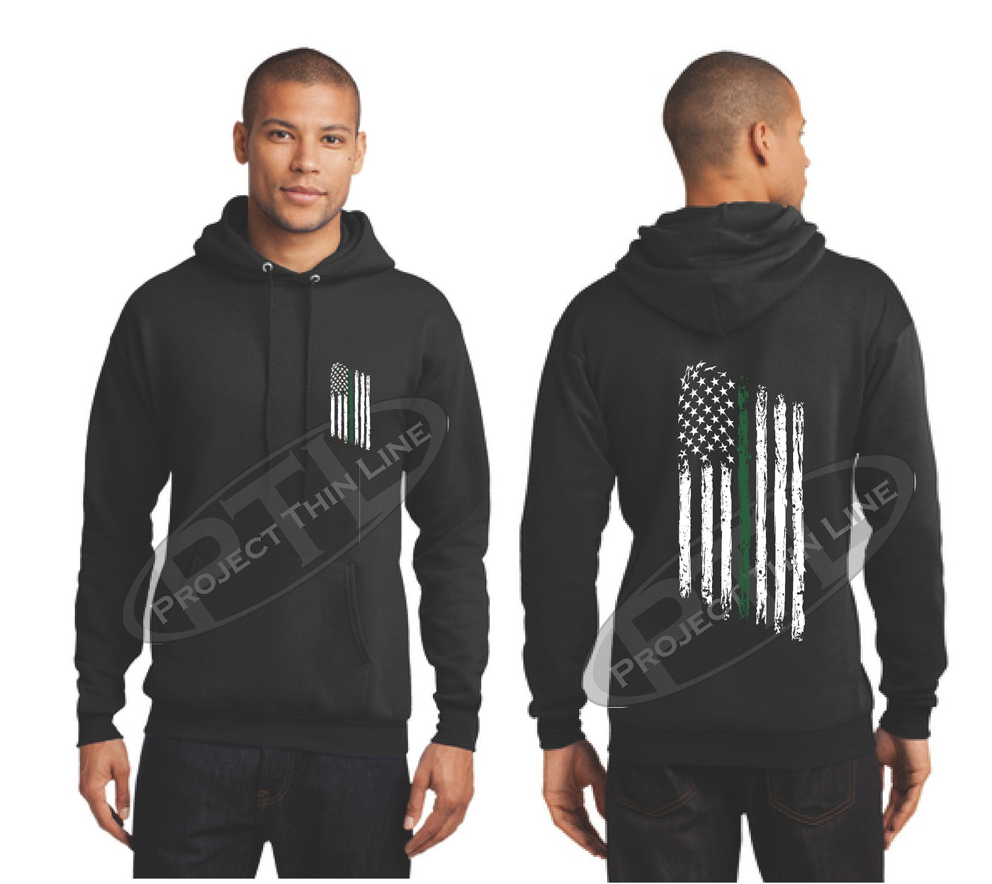 Thin Green Line Tattered American Flag Hooded Sweatshirt