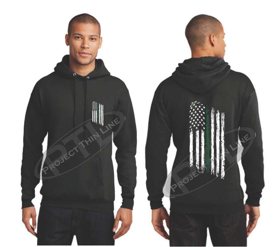 Black Thin Green Line Tattered American Flag Hooded Sweatshirt